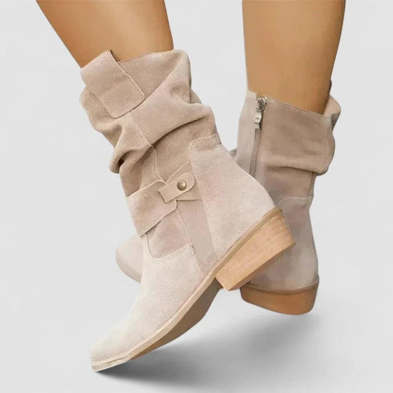 Women's suede comfort slouchy ankle boots with zipper and buckle detail – Beige