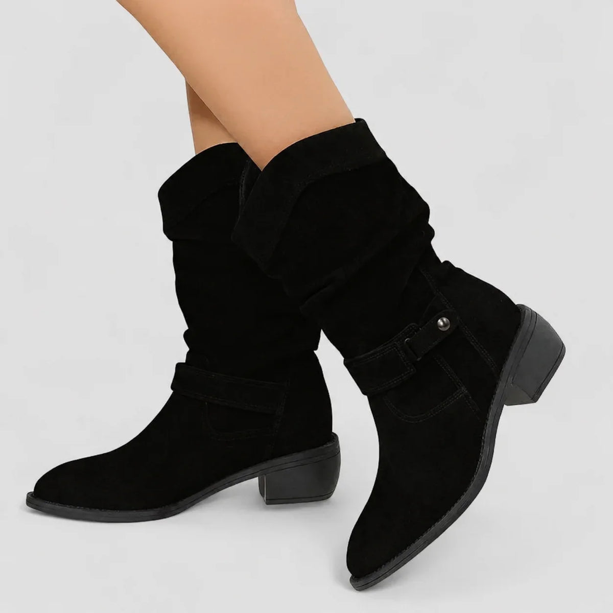 Women's suede comfort slouchy ankle boots with zipper and buckle detail – Black