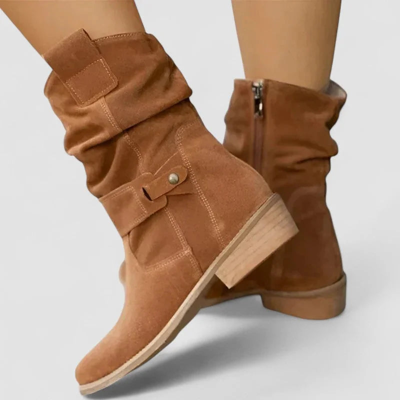 Women's suede comfort slouchy ankle boots with zipper and buckle detail – Brown