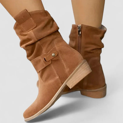 Women's suede comfort slouchy ankle boots with zipper and buckle detail – Brown
