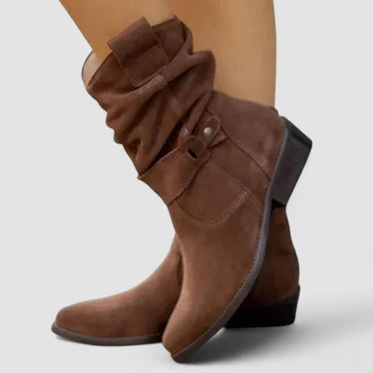 Women's suede comfort slouchy ankle boots with zipper and buckle detail – Dark Brown