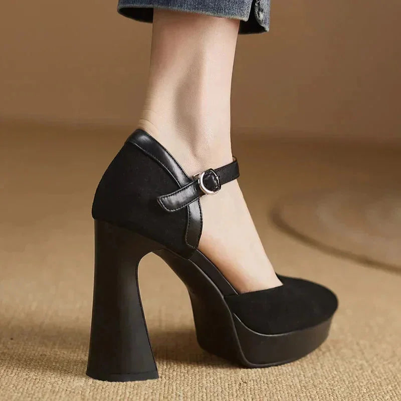 Women's suede platform block-heel pointed-toe pumps with ankle strap