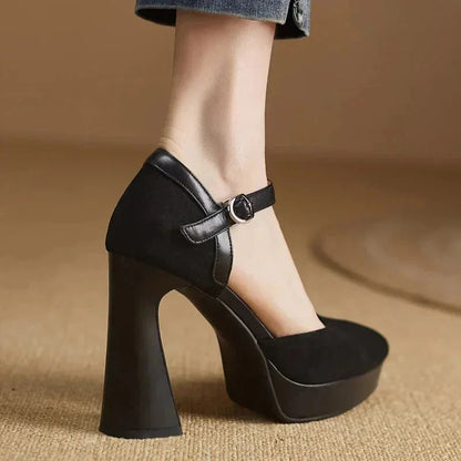 Women's suede platform block-heel pointed-toe pumps with ankle strap