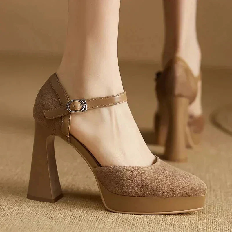 Women's suede platform block-heel pointed-toe pumps with ankle strap