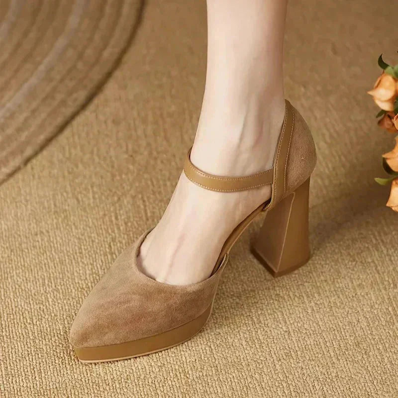 Women's suede platform block-heel pointed-toe pumps with ankle strap