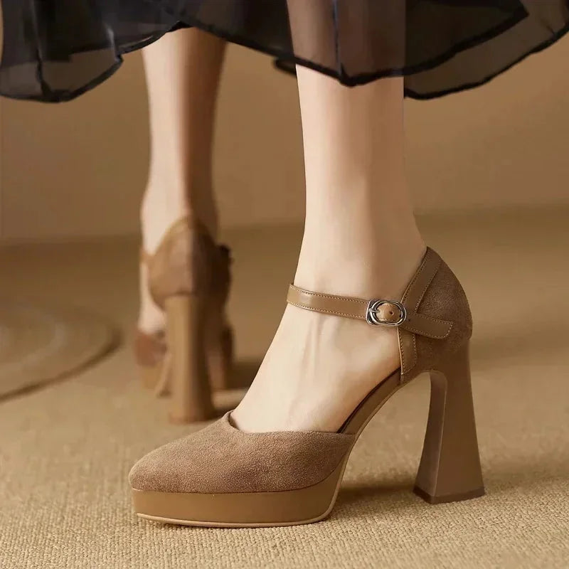 Women's suede platform block-heel pointed-toe pumps with ankle strap
