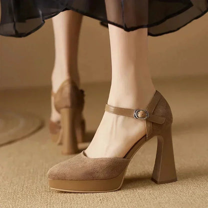 Women's suede platform block-heel pointed-toe pumps with ankle strap