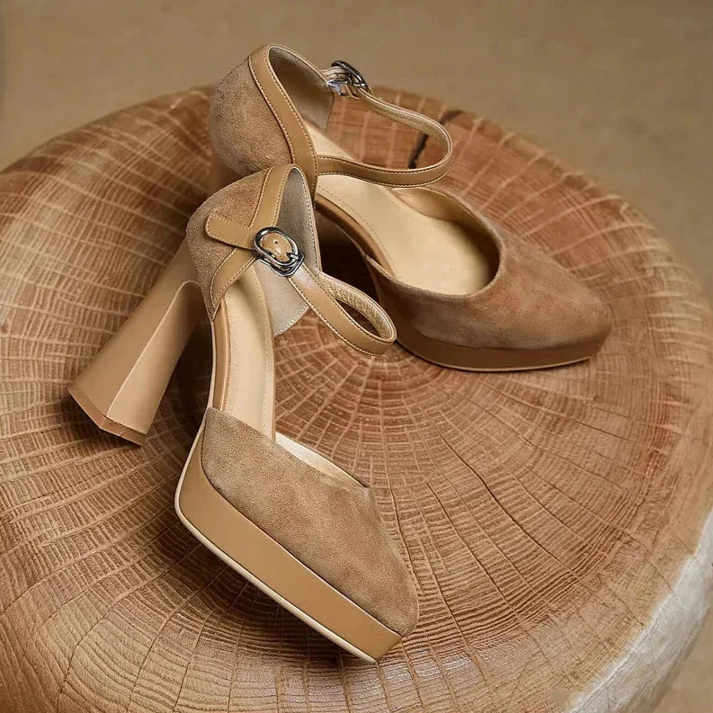 Women's suede platform block-heel pointed-toe pumps with ankle strap