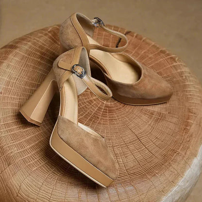Women's suede platform block-heel pointed-toe pumps with ankle strap