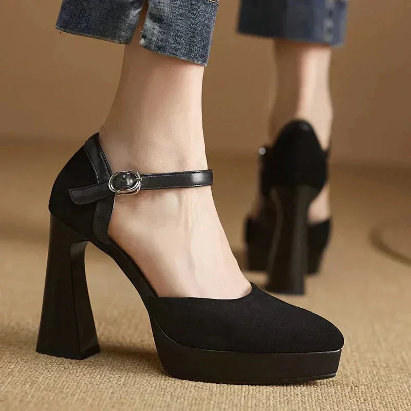 Women's suede platform block-heel pointed-toe pumps with ankle strap
