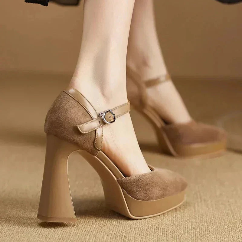Women's suede platform block-heel pointed-toe pumps with ankle strap