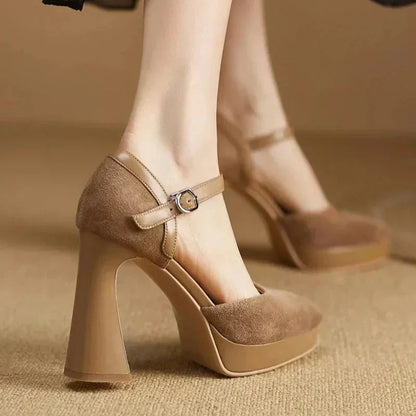 Women's suede platform block-heel pointed-toe pumps with ankle strap