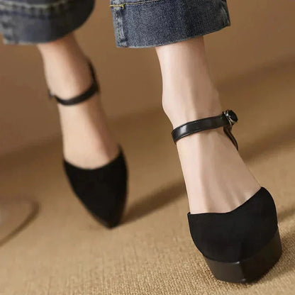 Women's suede platform block-heel pointed-toe pumps with ankle strap