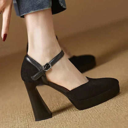 Women's suede platform block-heel pointed-toe pumps with ankle strap