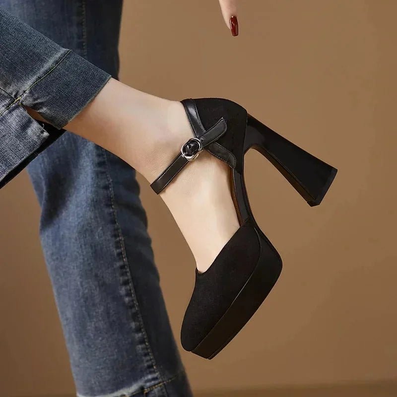 Women's suede platform block-heel pointed-toe pumps with ankle strap