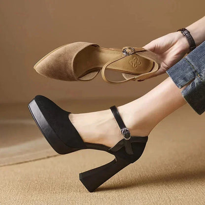 Women's suede platform block-heel pointed-toe pumps with ankle strap
