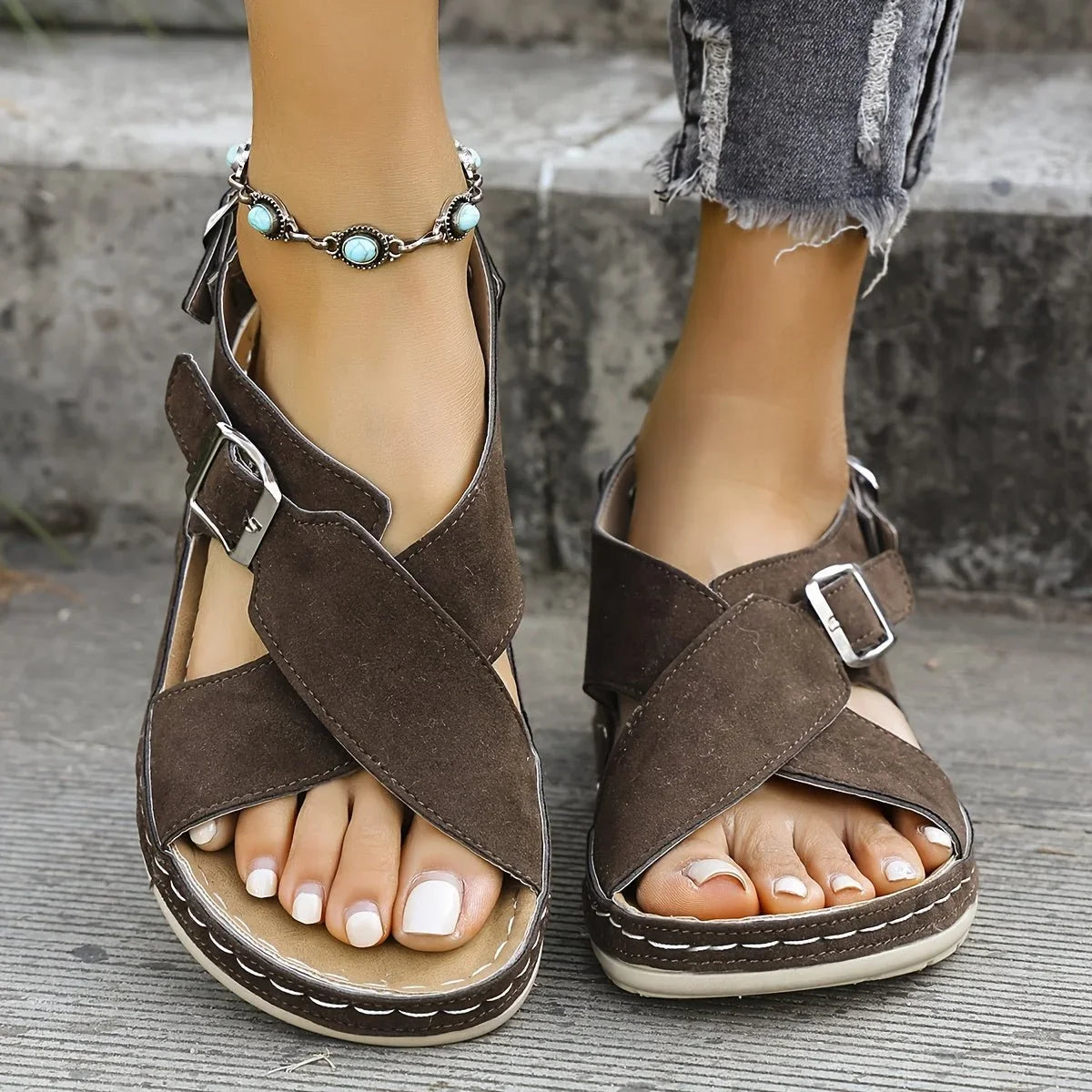 Women's suede platform sandals with criss-cross double buckle straps