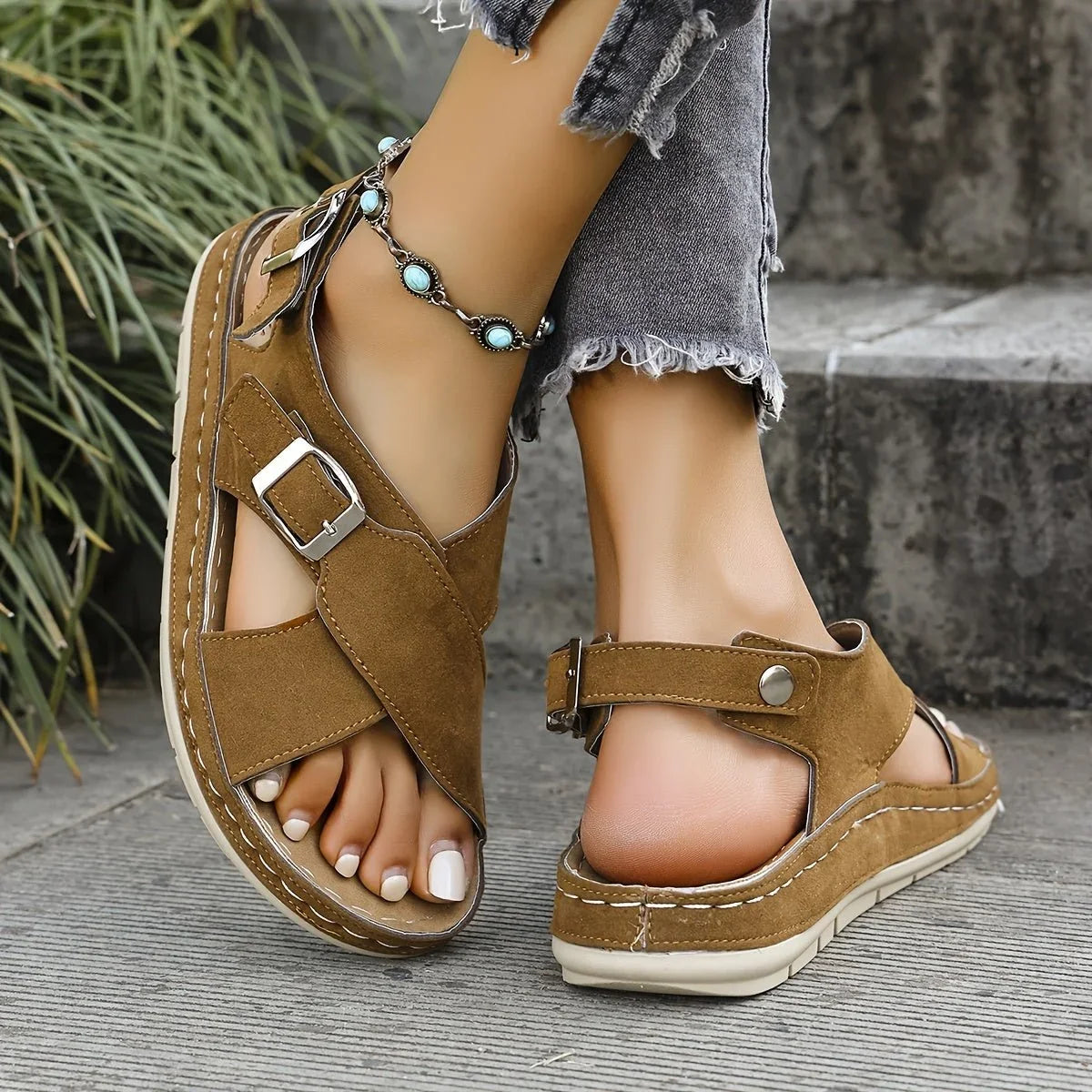Women's suede platform sandals with criss-cross double buckle straps