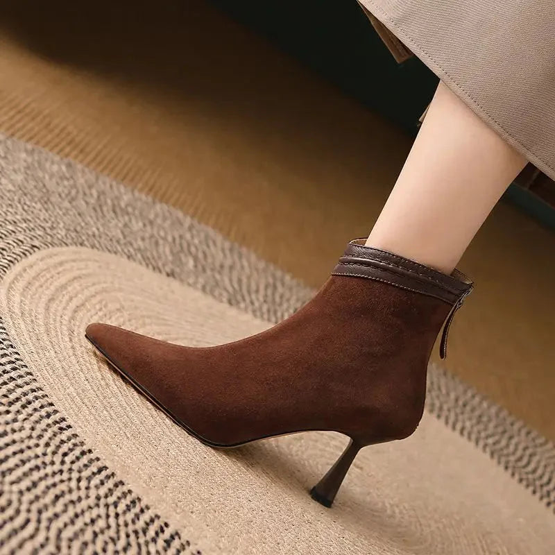 Women's suede pointed-toe ankle boots with back-zip and sculptural heel