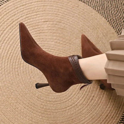 Women's suede pointed-toe ankle boots with back-zip and sculptural heel