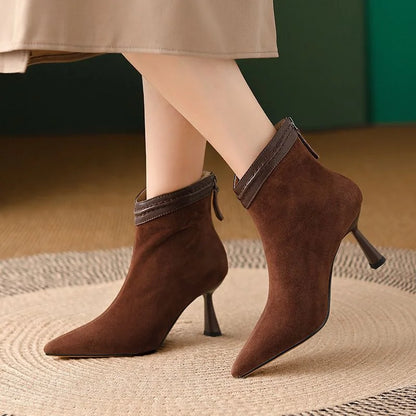 Women's suede pointed-toe ankle boots with back-zip and sculptural heel – Brown