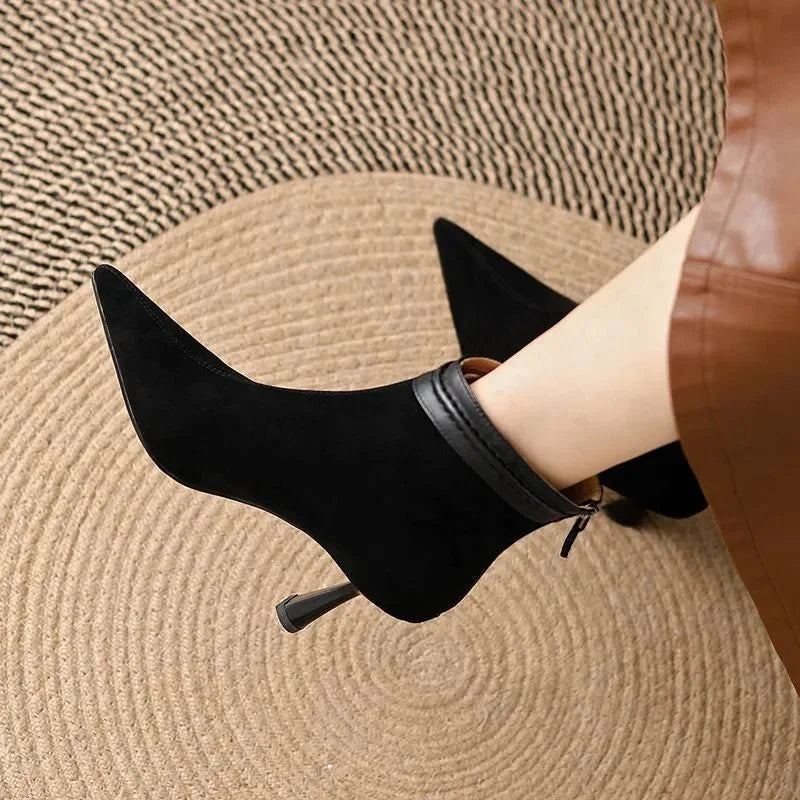 Women's suede pointed-toe ankle boots with back-zip and sculptural heel