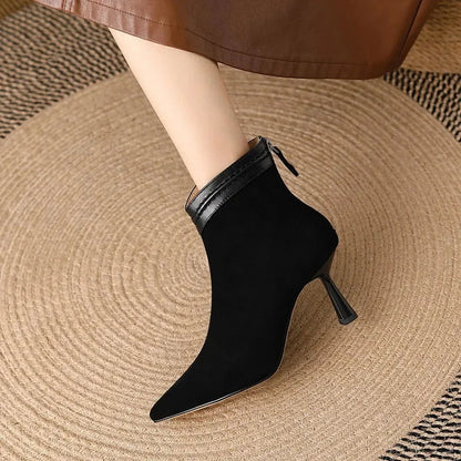 Women's suede pointed-toe ankle boots with back-zip and sculptural heel