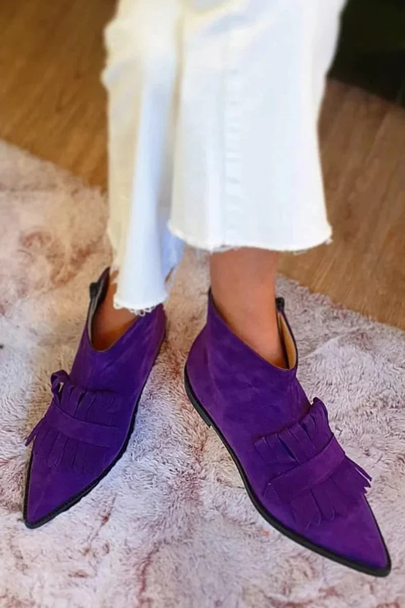 Women's suede pointed-toe fringe flat ankle boots – Purple