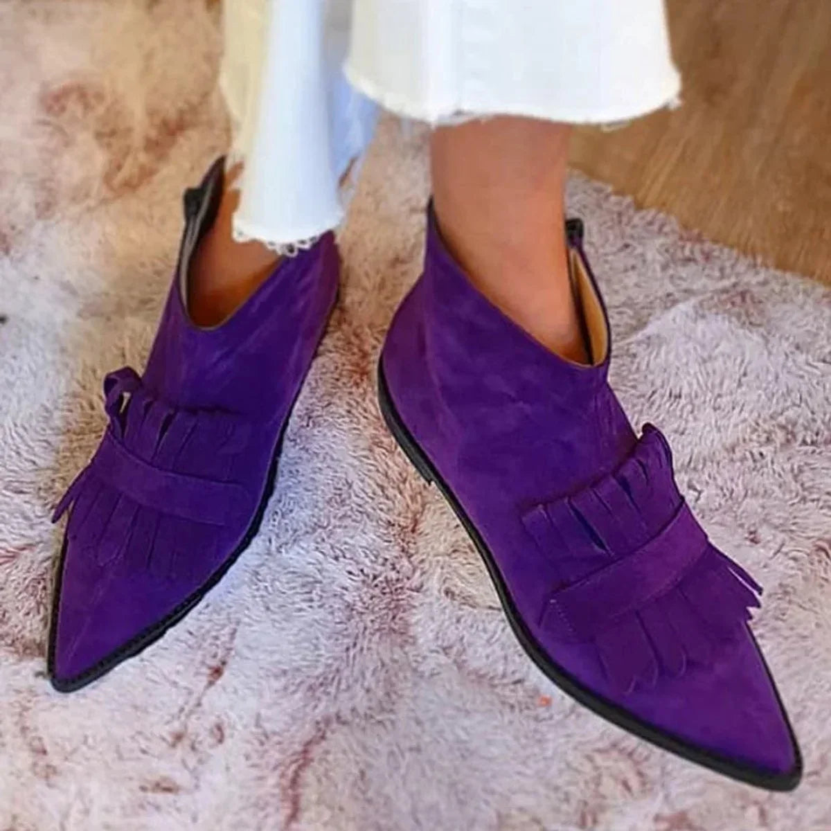 Women's suede pointed-toe fringe flat ankle boots – Purple