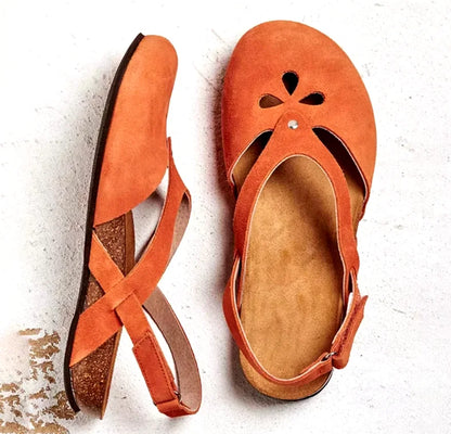 Women's suede slingback sandals with closed-toe floral cut-outs – Orange