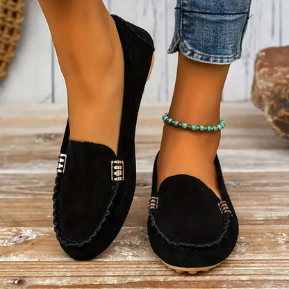 Women's suede slip-on flat loafers with moc-toe stitching and metal hardware – Black