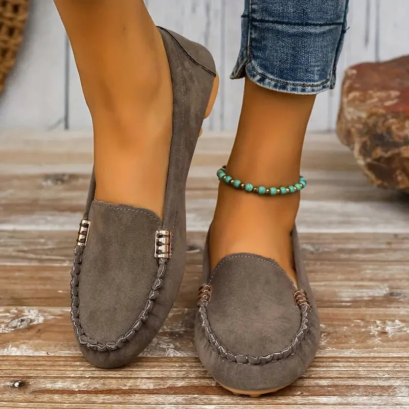Women's suede slip-on flat loafers with moc-toe stitching and metal hardware – Grey