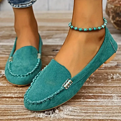 Women's suede slip-on flat loafers with moc-toe stitching and metal hardware – Turquoise
