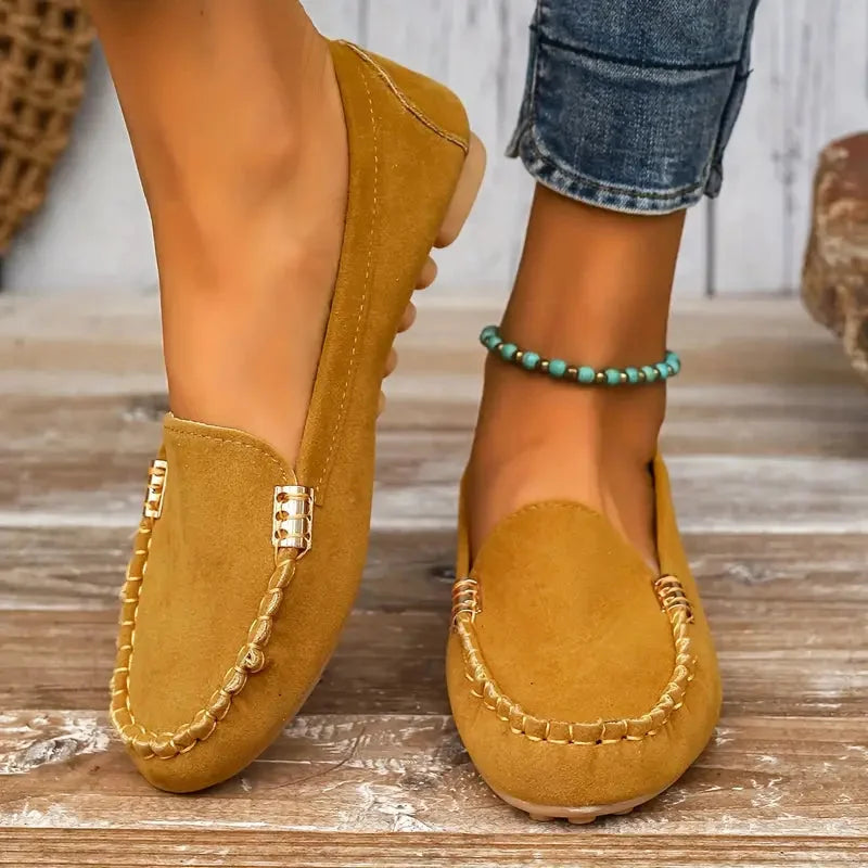 Women's suede slip-on flat loafers with moc-toe stitching and metal hardware – Yellow