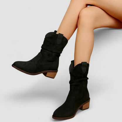 Women's suede slouchy mid-calf boots with pointed-toe block-heel
