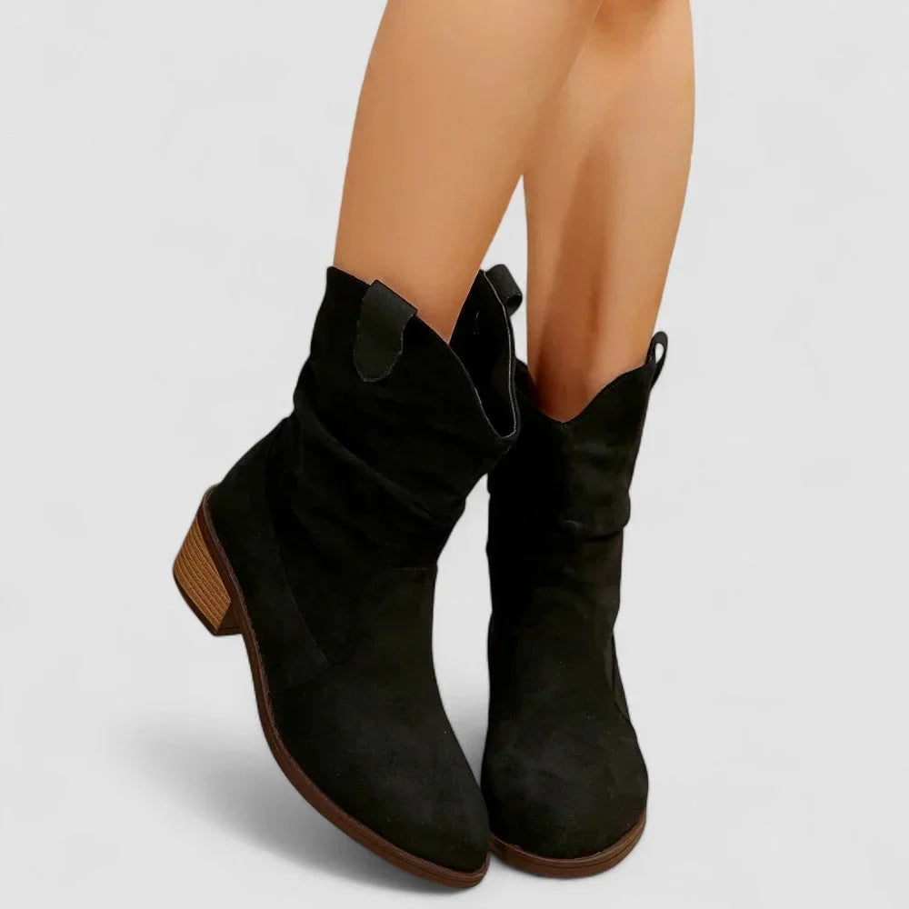 Women's suede slouchy mid-calf boots with pointed-toe block-heel