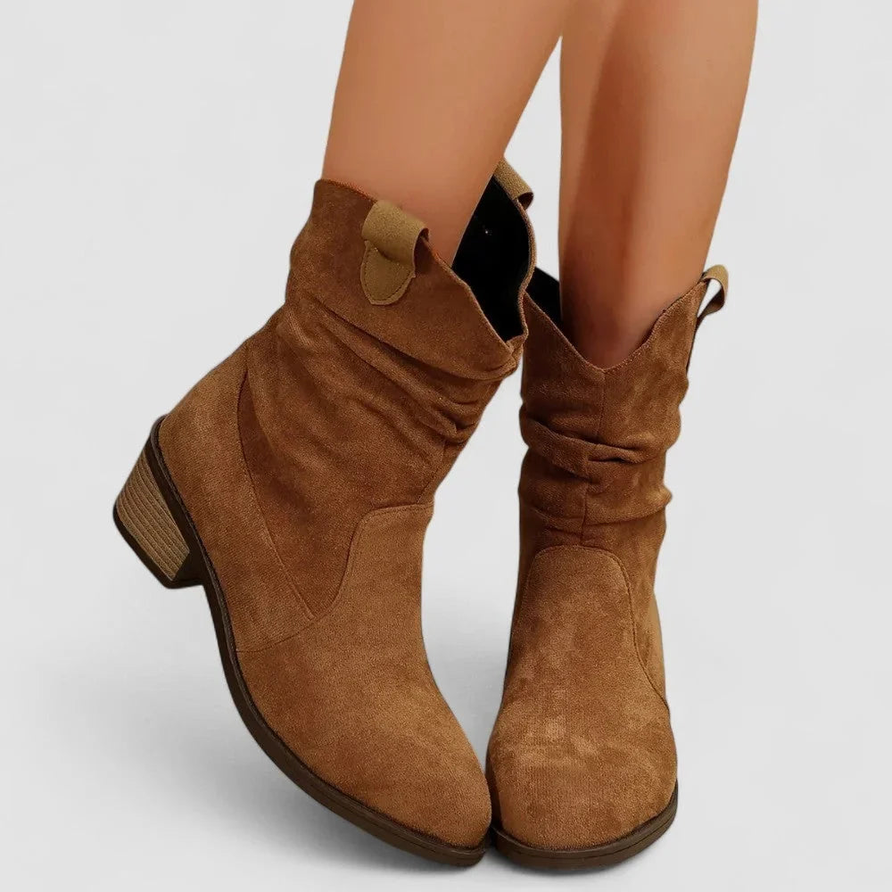 Women's suede slouchy mid-calf boots with pointed-toe block-heel