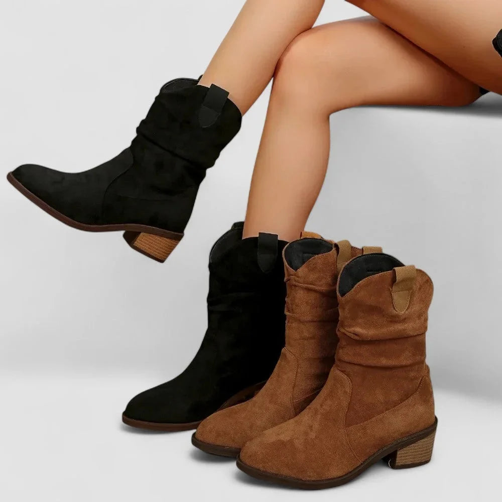 Women's suede slouchy mid-calf boots with pointed-toe block-heel