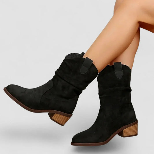 Women's suede slouchy mid-calf boots with pointed-toe block-heel – Black