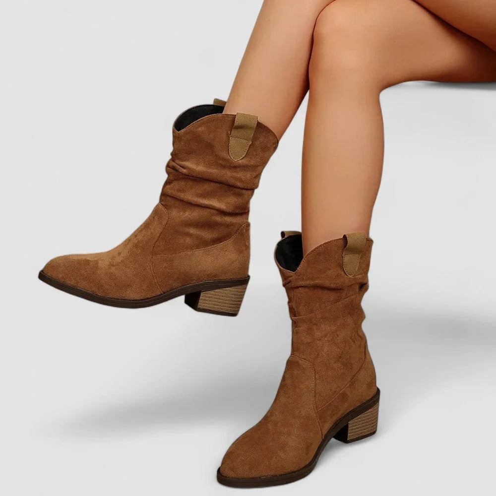 Women's suede slouchy mid-calf boots with pointed-toe block-heel – Brown