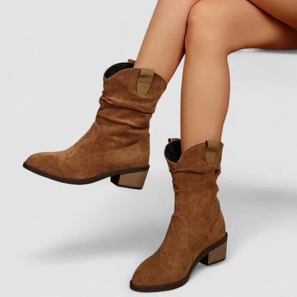 Women's suede slouchy mid-calf boots with pointed-toe block-heel – Brown