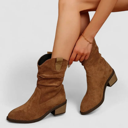 Women's suede slouchy mid-calf boots with pointed-toe block-heel
