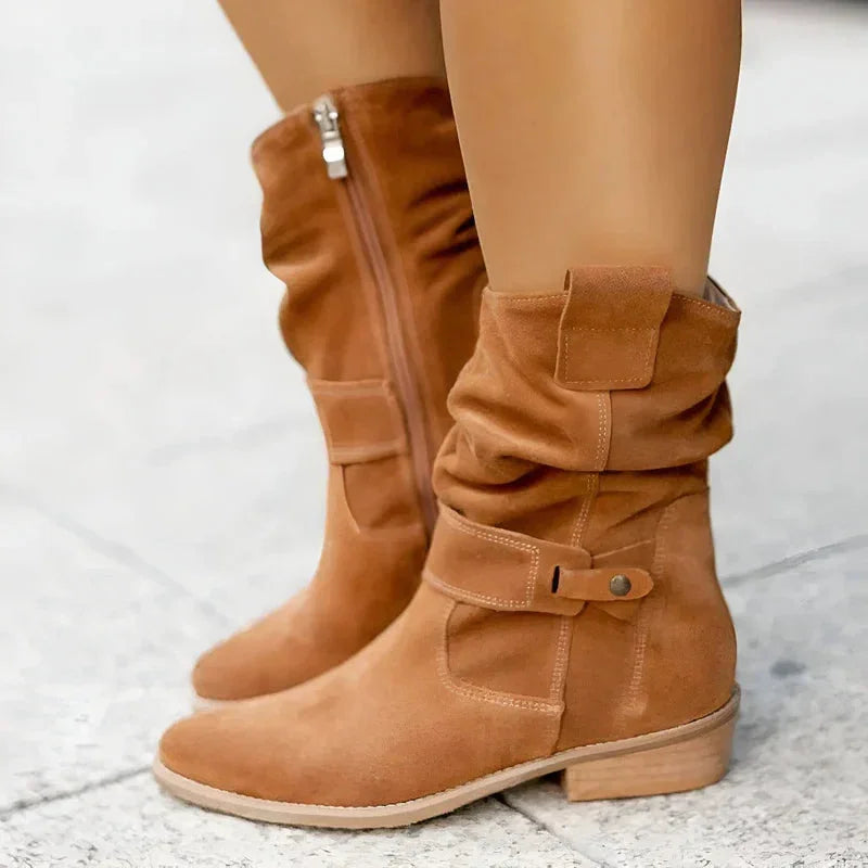 Women's suede slouchy mid-calf boots with side-zipper and buckle detail