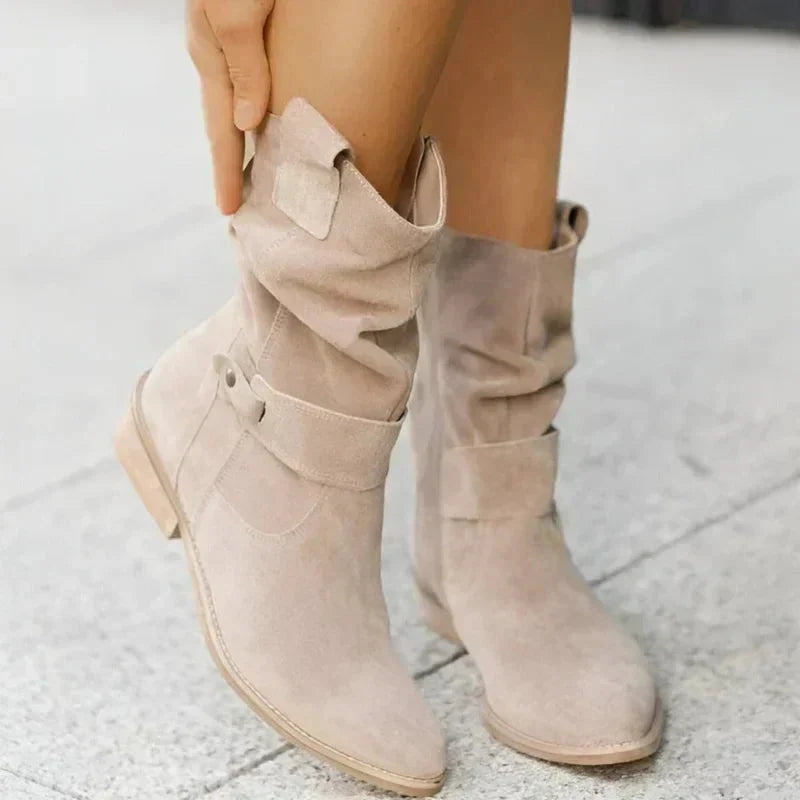 Women's suede slouchy mid-calf boots with side-zipper and buckle detail
