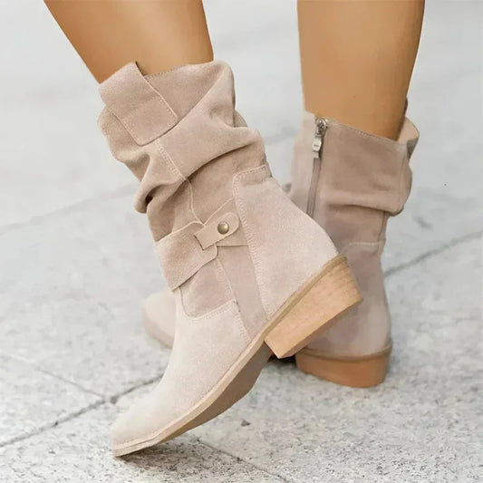 Women's suede slouchy mid-calf boots with side-zipper and buckle detail – Beige