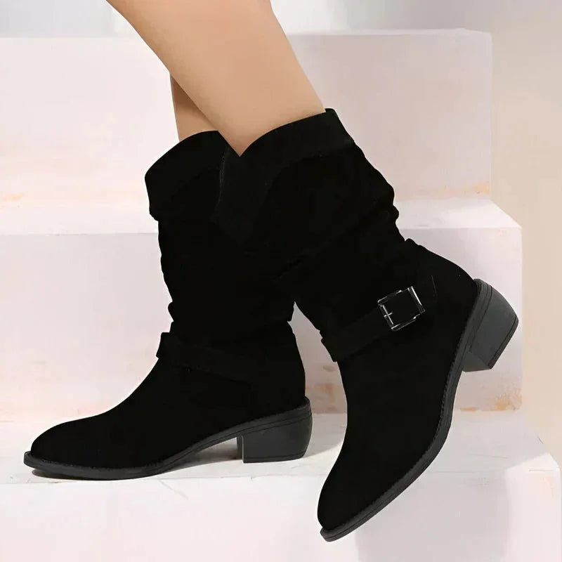 Women's suede slouchy mid-calf boots with side-zipper and buckle detail – Black