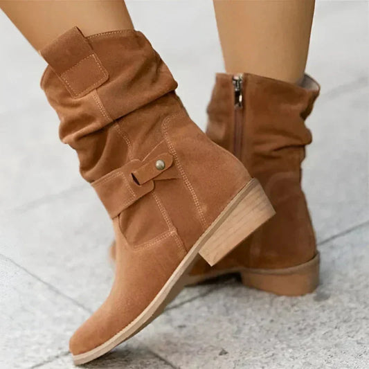 Women's suede slouchy mid-calf boots with side-zipper and buckle detail – Brown