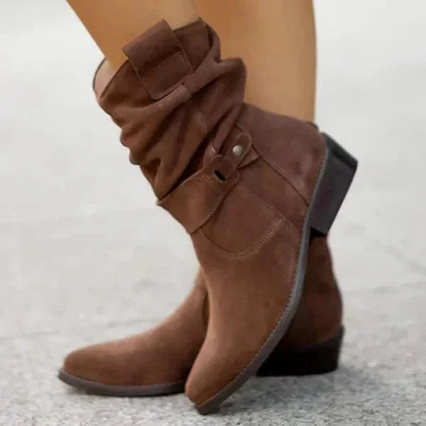 Women's suede slouchy mid-calf boots with side-zipper and buckle detail – Dark Brown