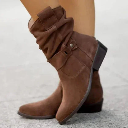Women's suede slouchy mid-calf boots with side-zipper and buckle detail – Dark Brown