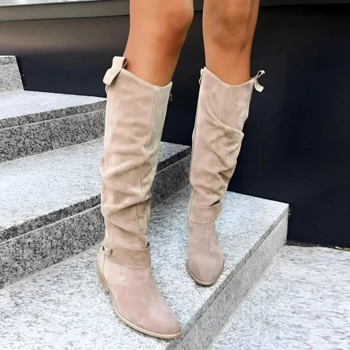 Women's suede slouchy pointed-toe knee-high boots with side zipper